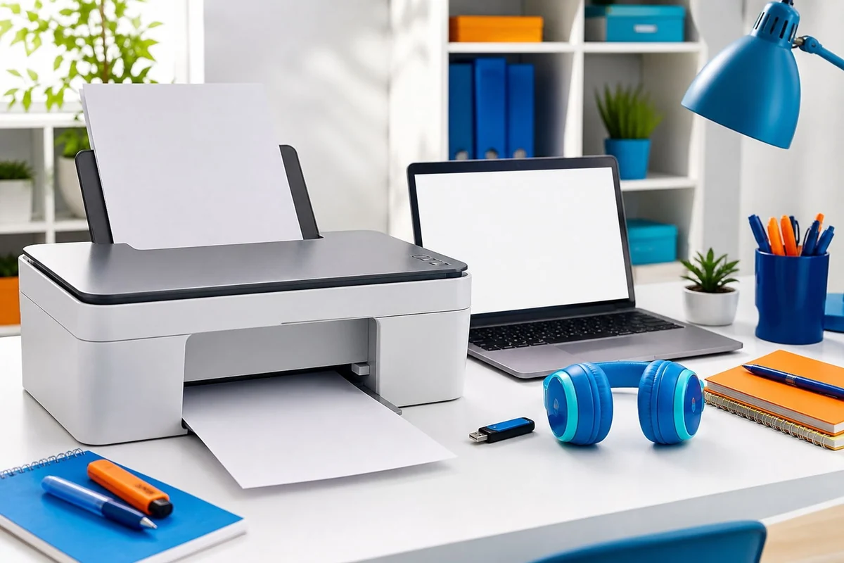 A home-office desk with a printer, laptop, blue headphones and a USB flash drive