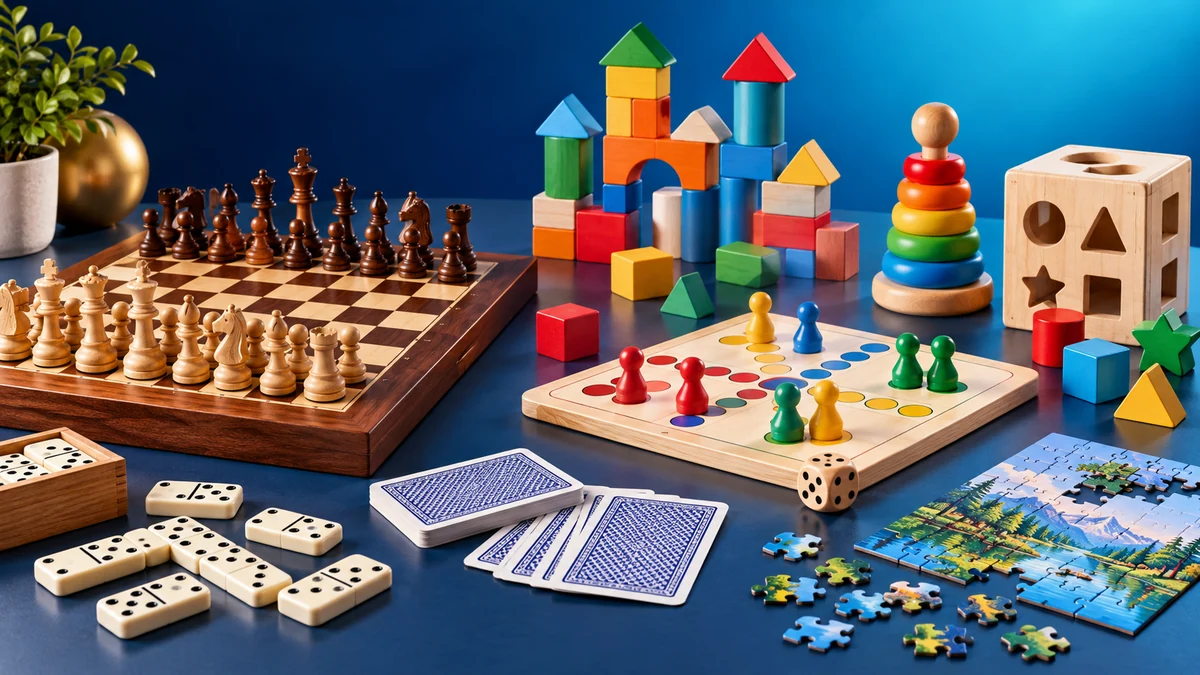 A colourful selection of chess, dominoes, playing cards, puzzles, board games and wooden educational toys