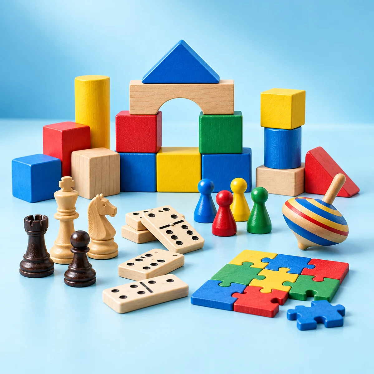 Colourful wooden blocks, chess pieces, dominoes, board-game pawns, a spinning top and a jigsaw puzzle