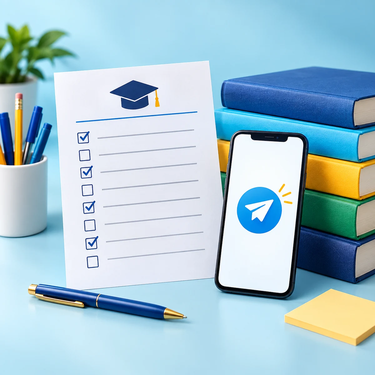School booklist checklist beside a phone, pen and colourful textbooks