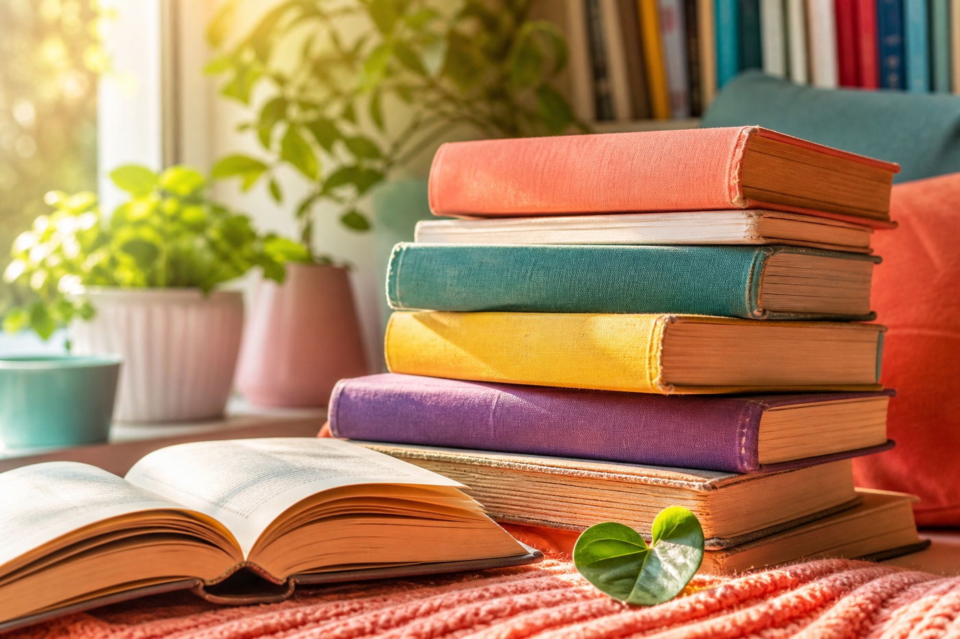 A stack of colourful hardcover books beside an open book in warm afternoon sunlight