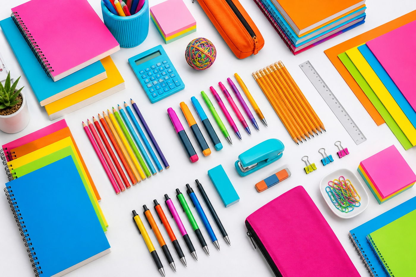 Notebooks, pens, coloured pencils, a calculator, stapler and ruler laid out neatly on a white surface