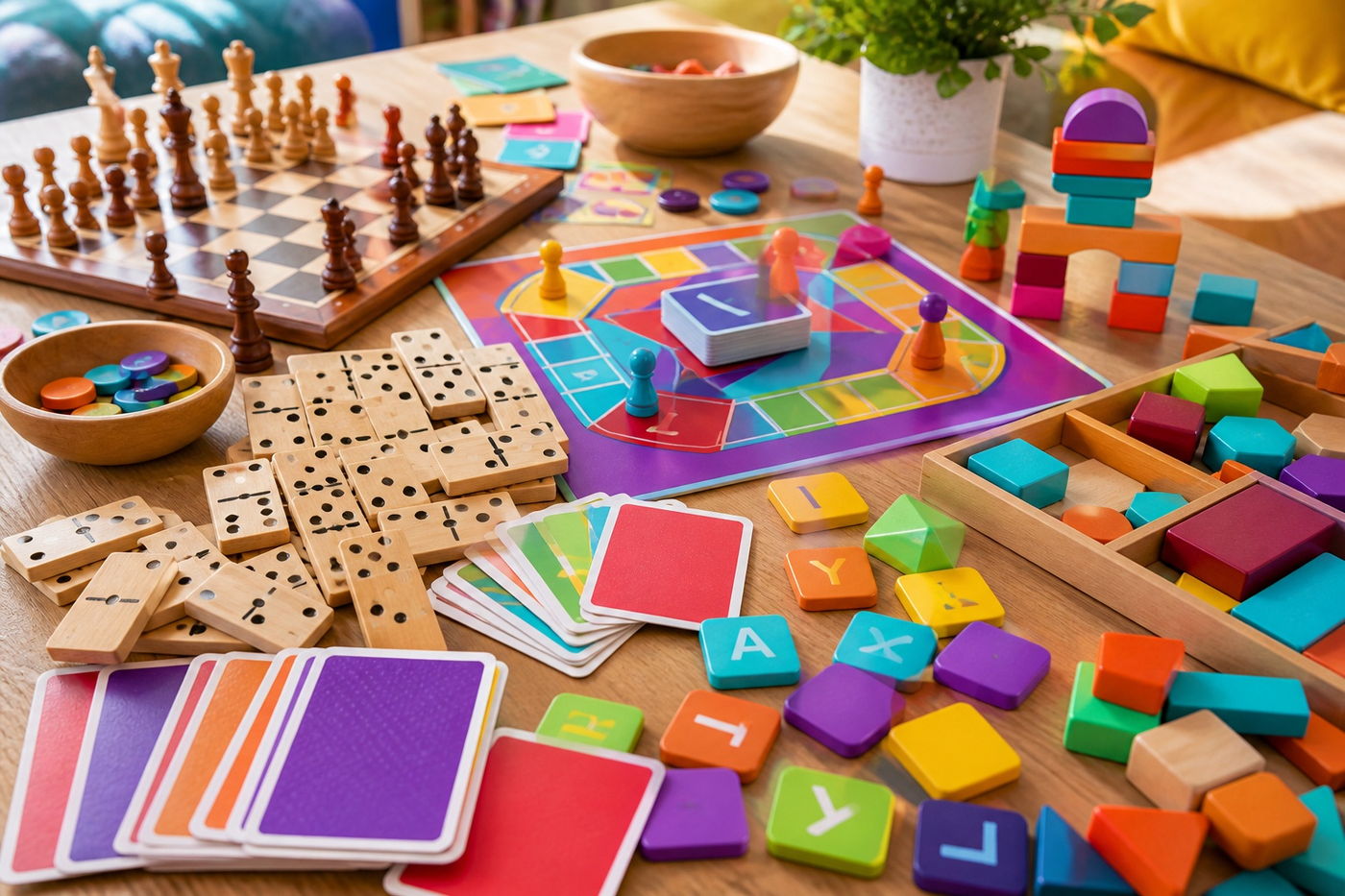 Chess, dominoes, playing cards, letter tiles and wooden building blocks spread across a table